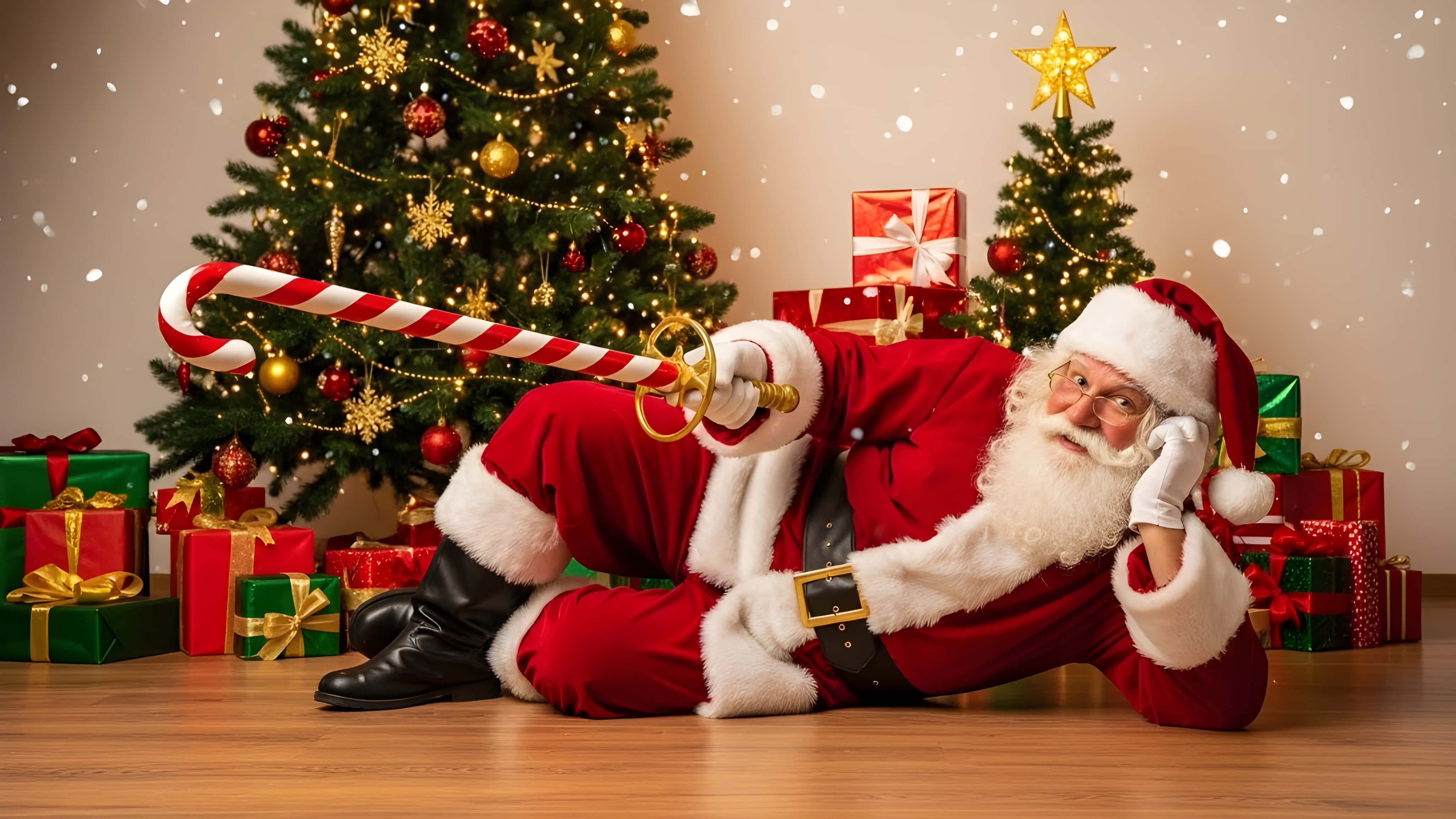 Ông già Noel thư giãn với kẹo gậy Hình nền
