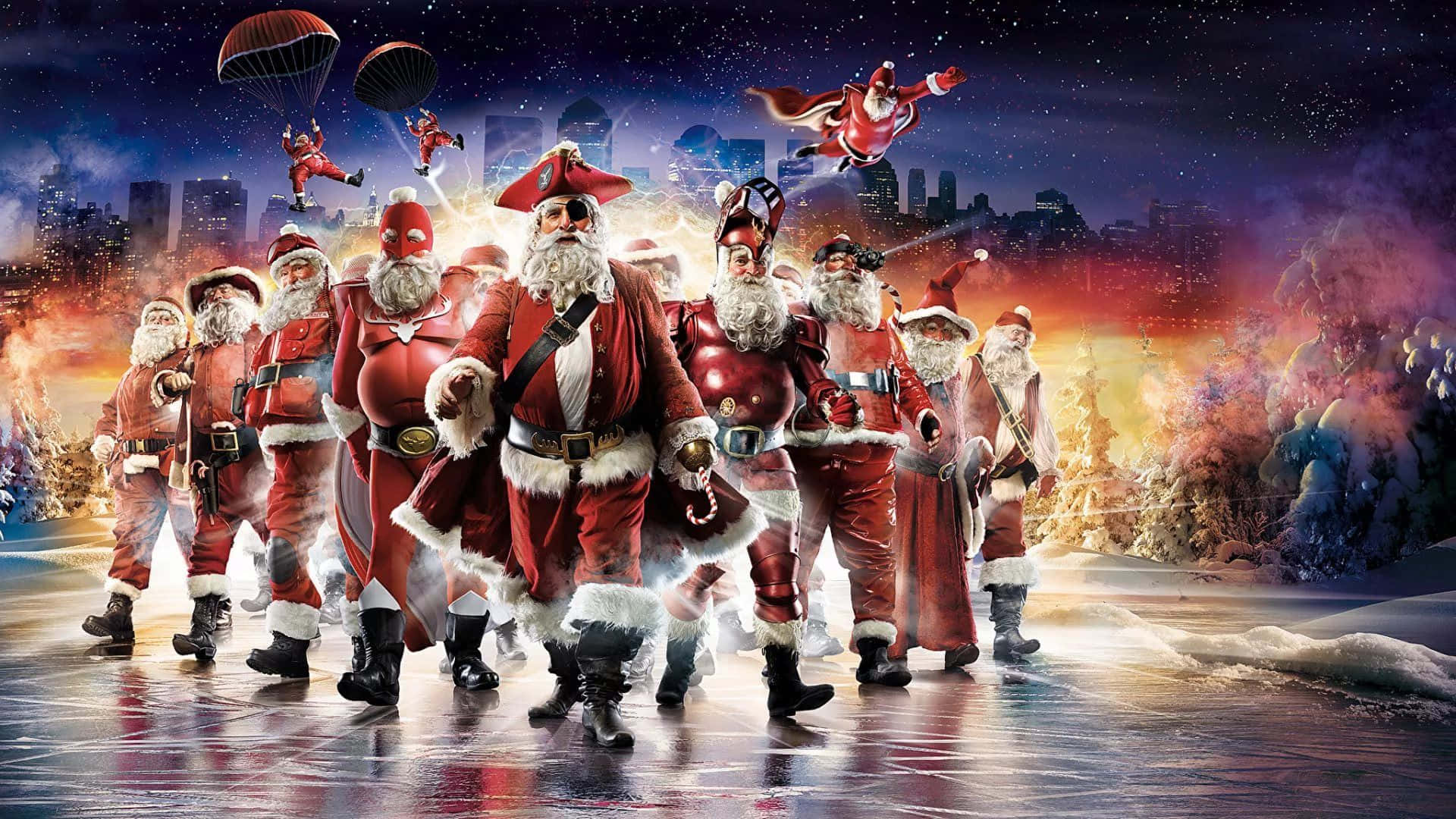 Ông già Noel vui nhộn cưỡi tuần lộc trong ngày tuyết rơi Hình nền