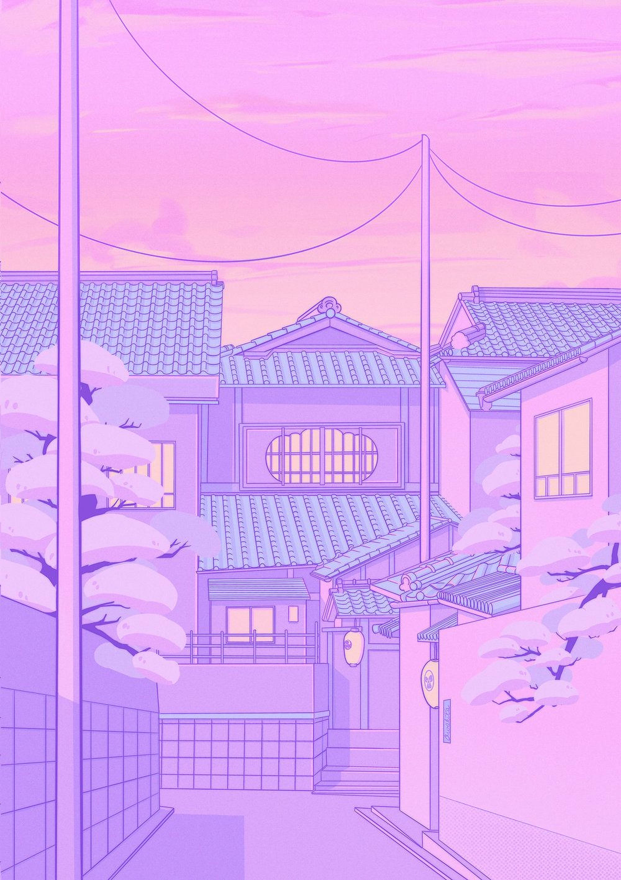 Phố Anime Bầu Trời Phấn Màu Hình nền