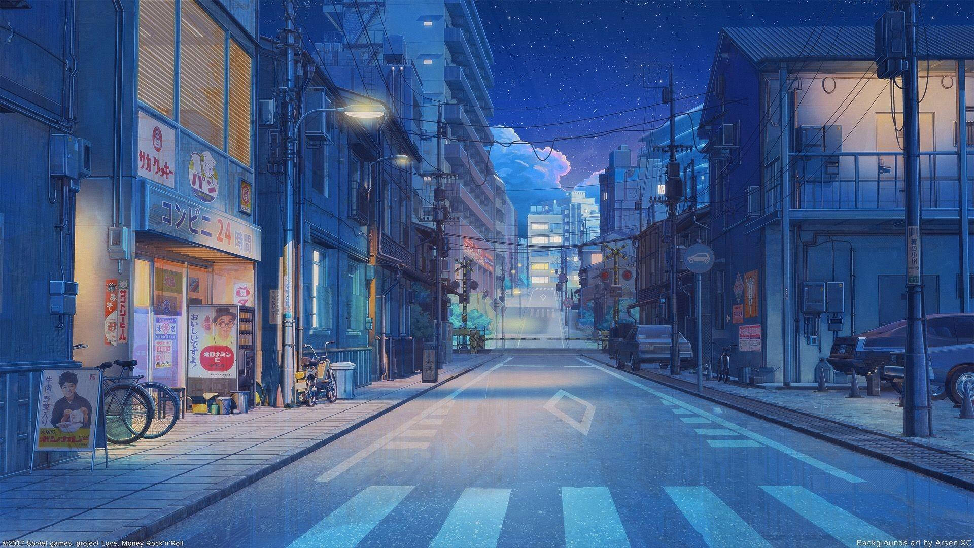 Phố Tokyo Anime Màu Xanh Thẩm Mỹ Hình nền