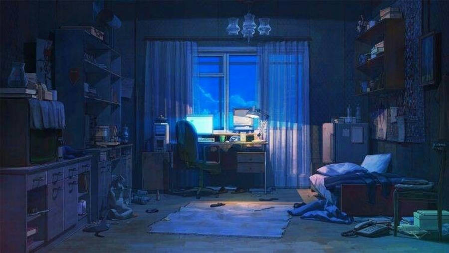 Phòng Anime Mờ Với Máy Tính Xách Tay Đang Bật Hình nền