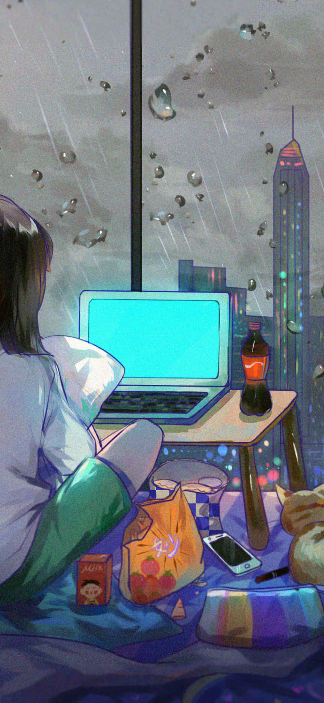 Phòng Anime Quyến Rũ với Tầm Nhìn Toàn Cảnh Thành Phố Hình nền