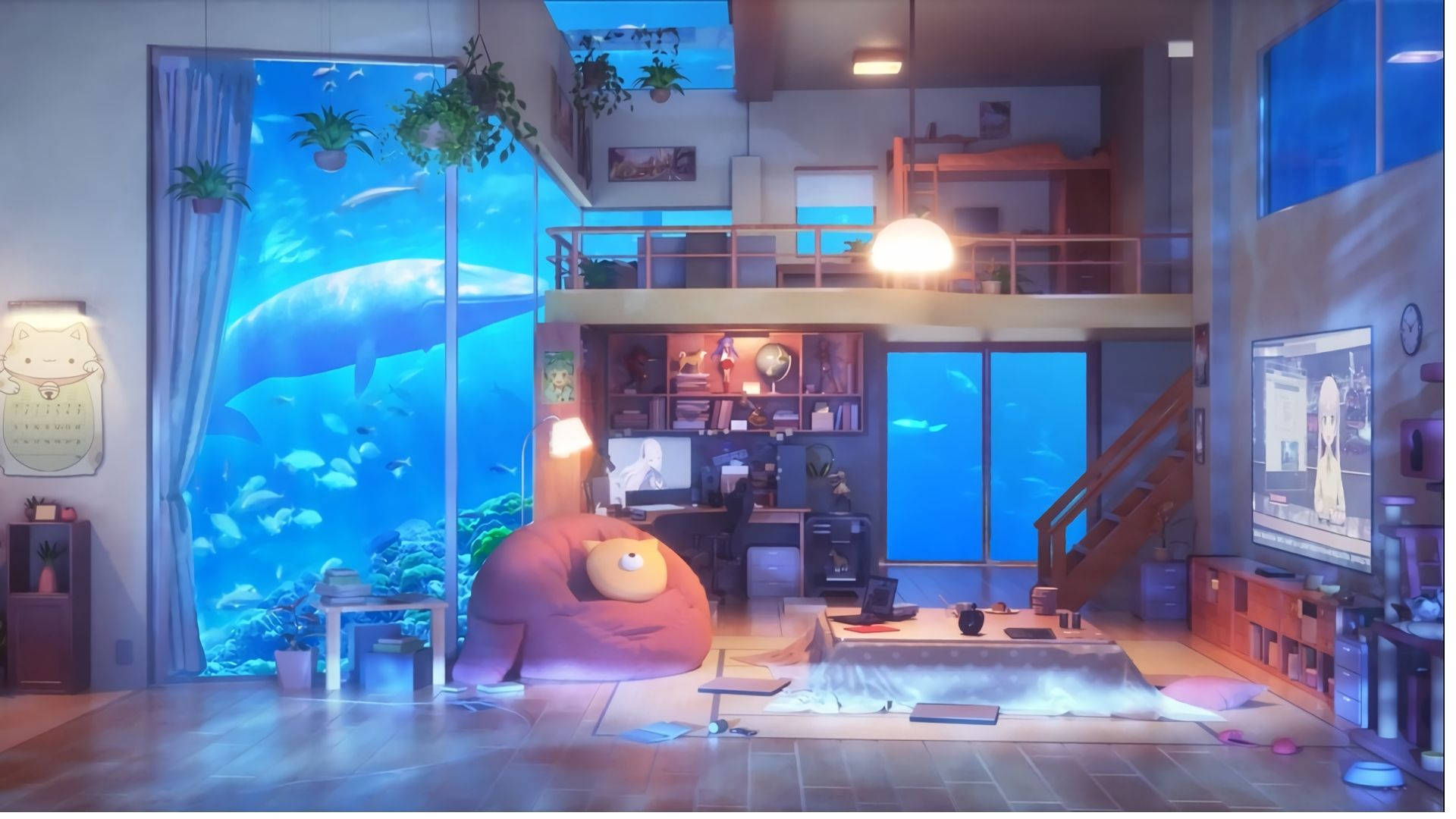Phòng Anime với Bể Cá Hình nền