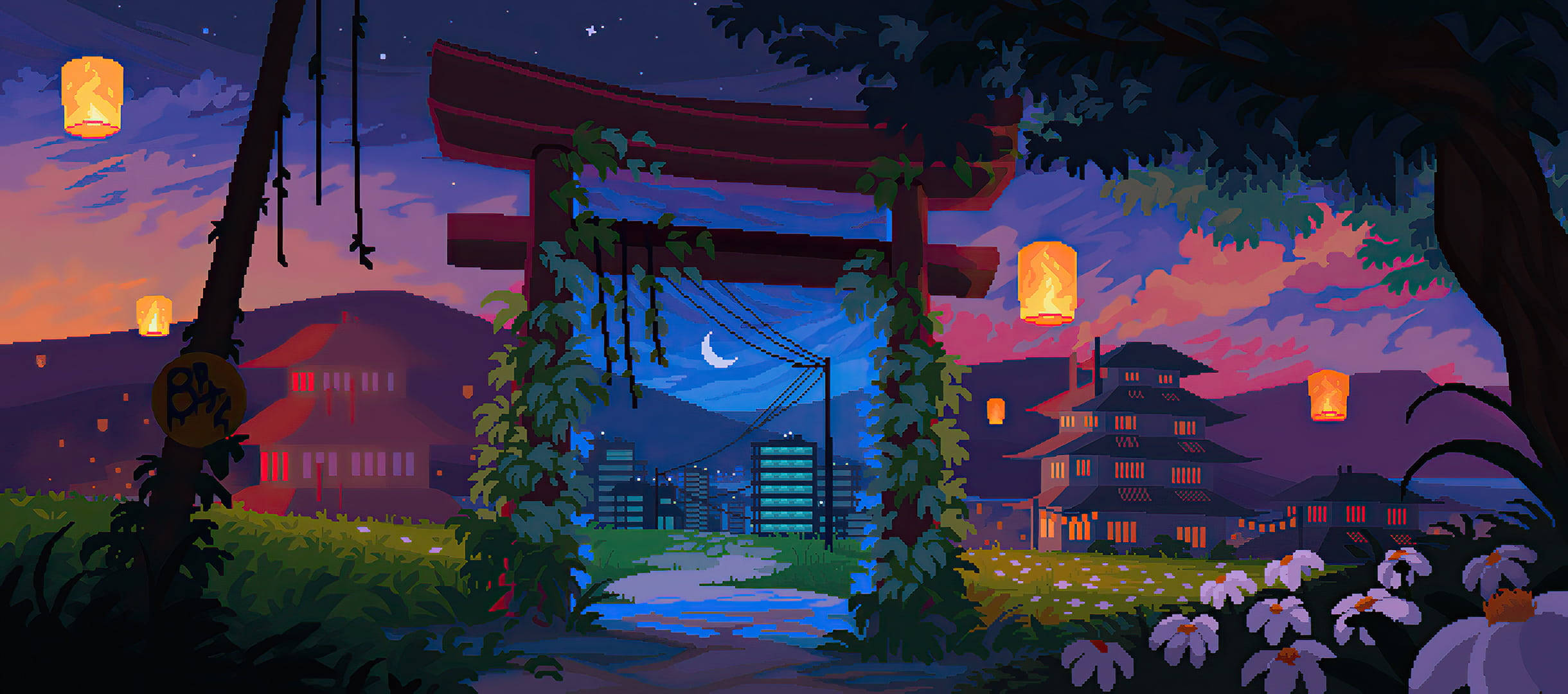 Phong cách Pixel Art của Đền Thờ Nhật Bản trong Thành Phố Hình nền