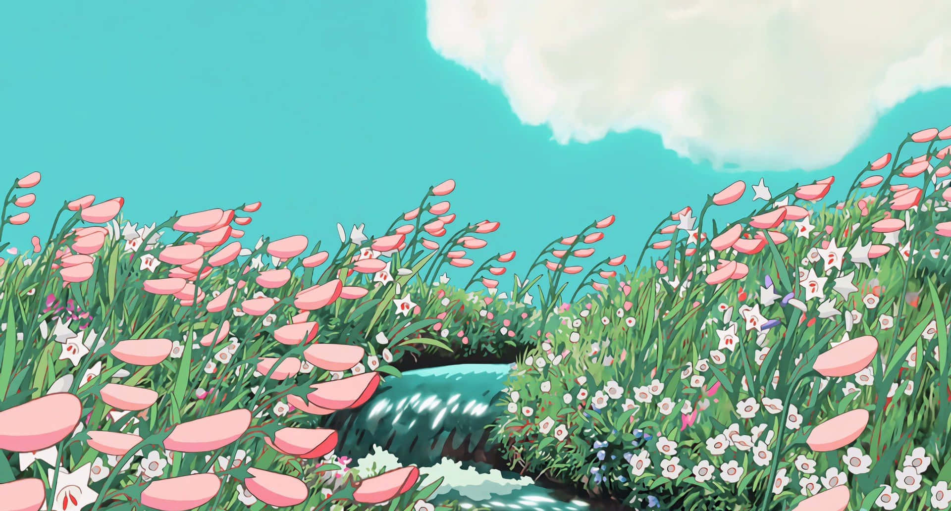 Phong cách Studio Ghibli cho Desktop - Lâu đài di động của Howl bên dòng sông Hình nền