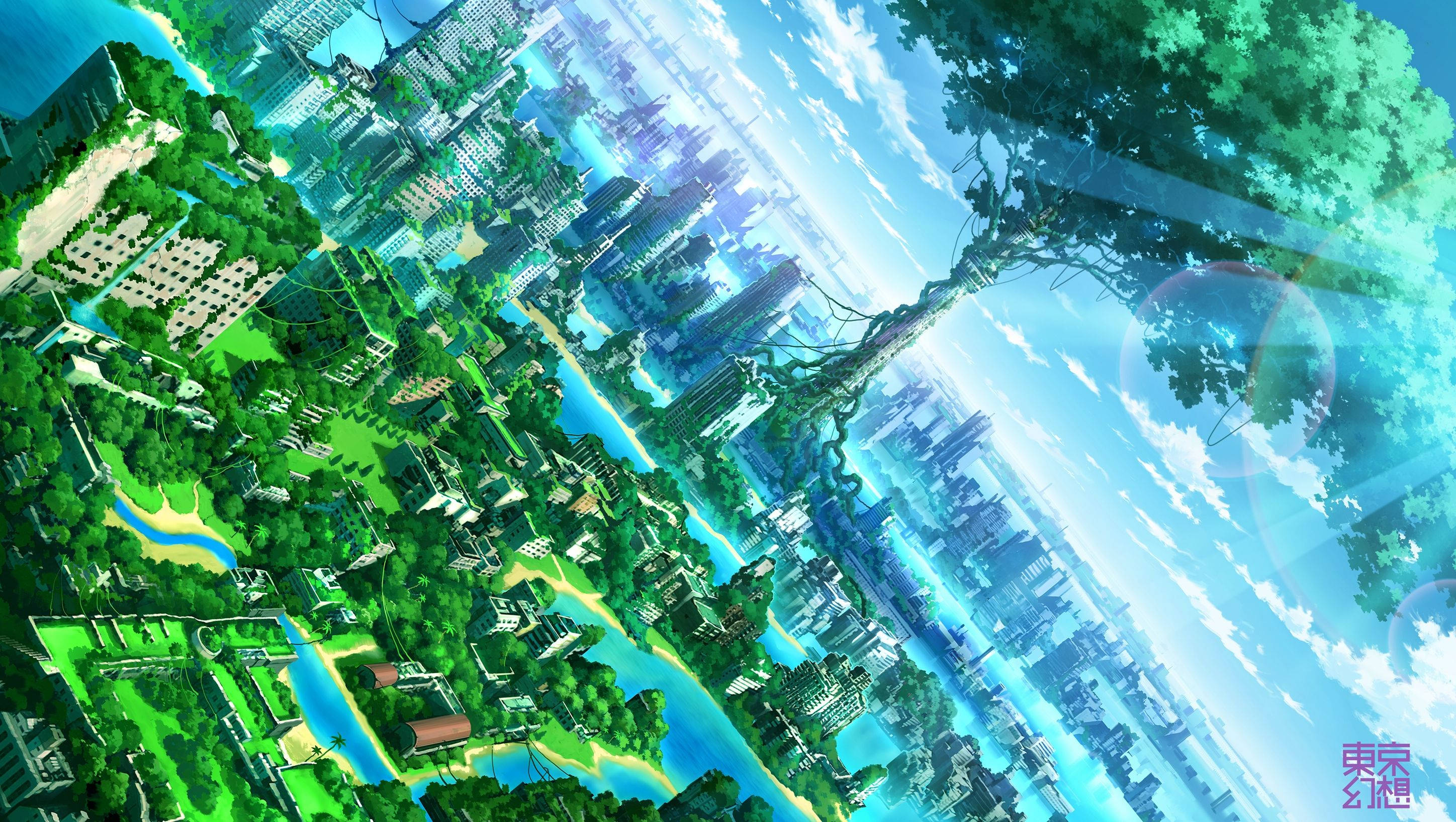 Phong cảnh Anime thành phố cây xanh Hình nền