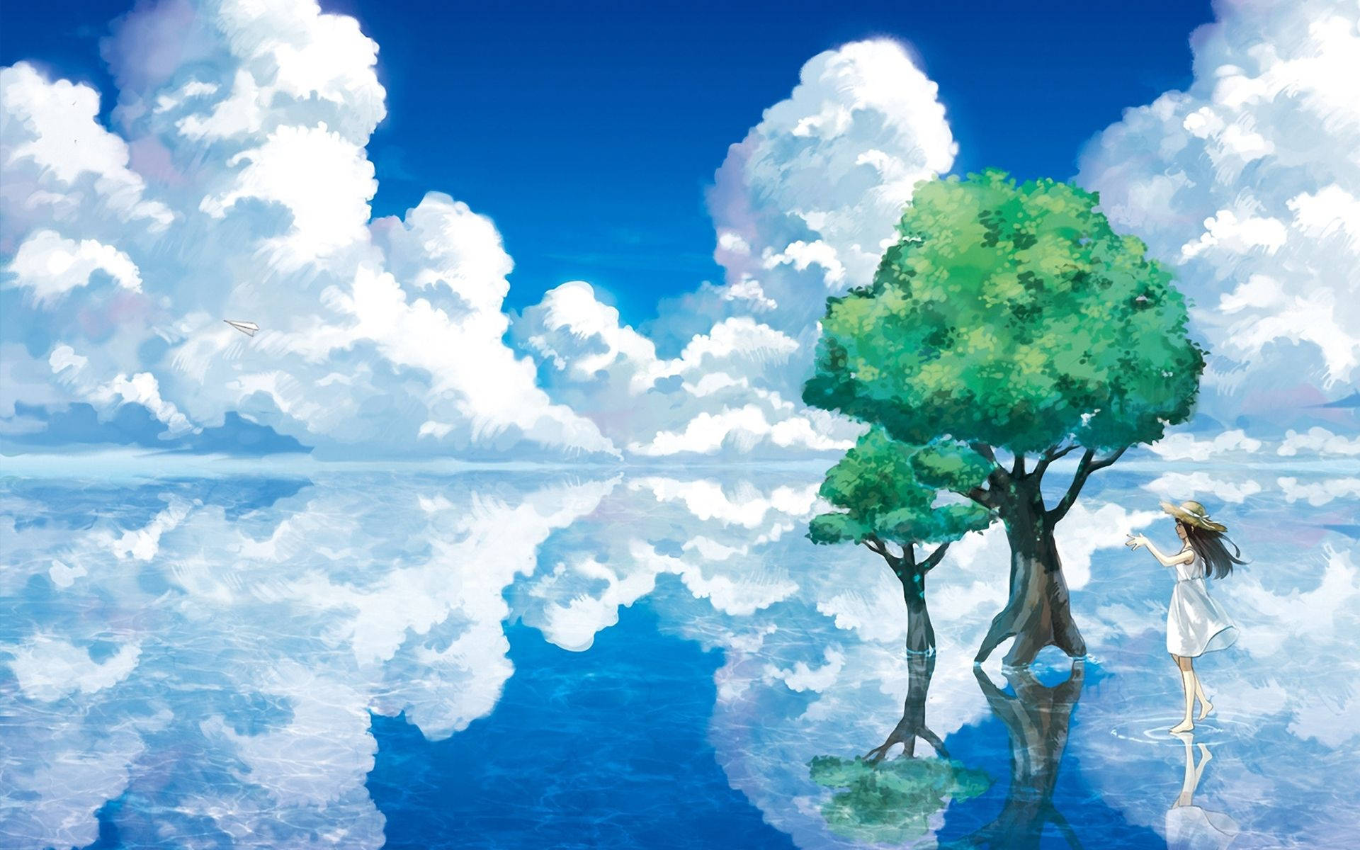 Phong cảnh anime hồ nước như gương Hình nền