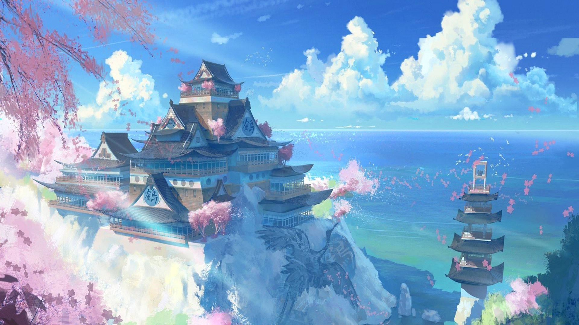 Phong cảnh anime lâu đài Nhật Bản Hình nền
