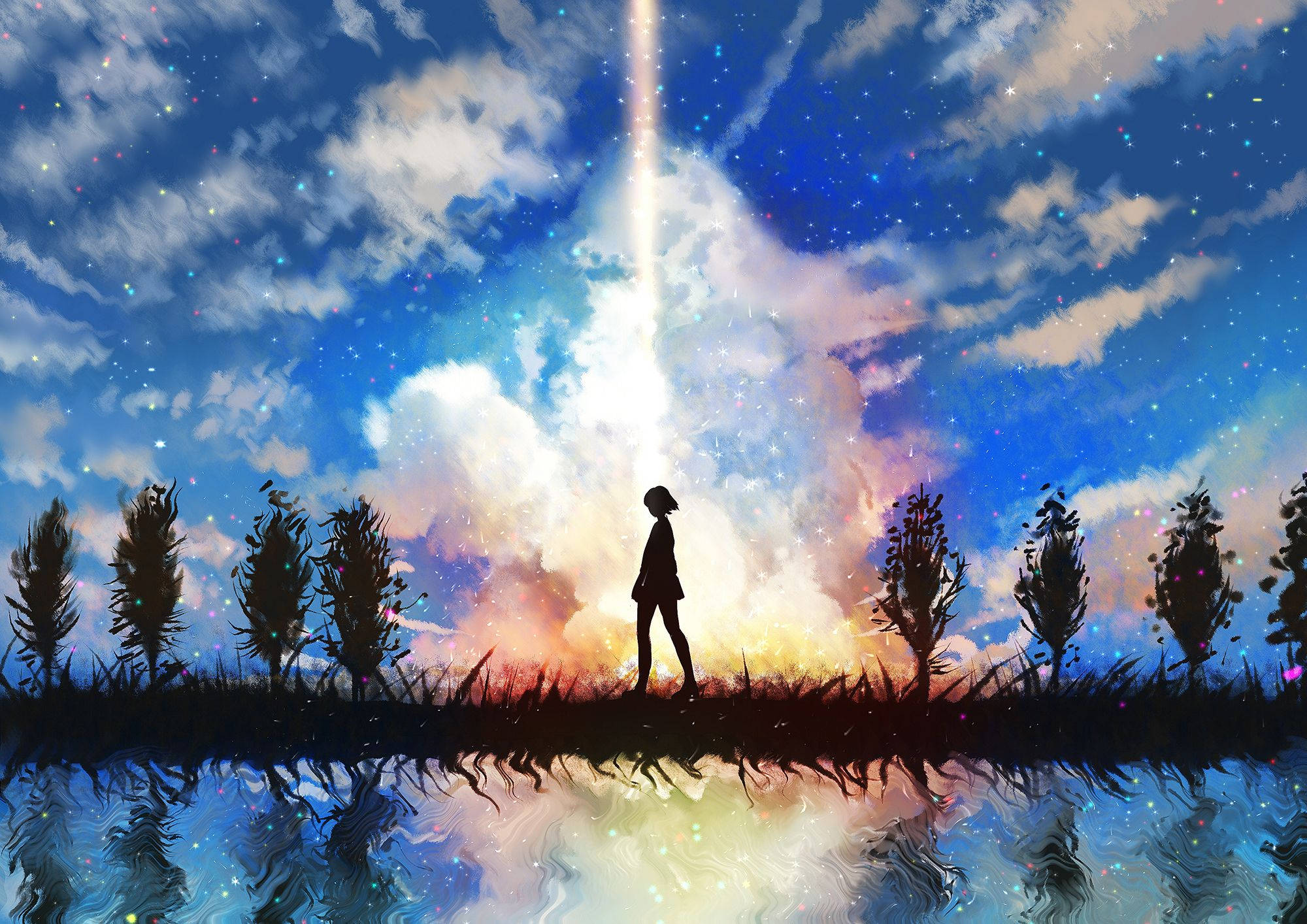 Phong Cảnh Anime Bầu Trời Đầy Sao Hình nền
