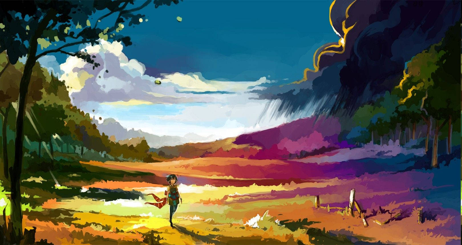 Phong cảnh đồng cỏ anime đầy màu sắc Hình nền