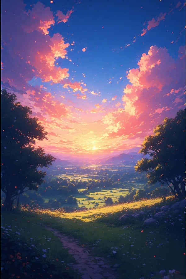 Phong cảnh nông thôn hoàng hôn anime mộng mơ rực rỡ 4K Hình nền