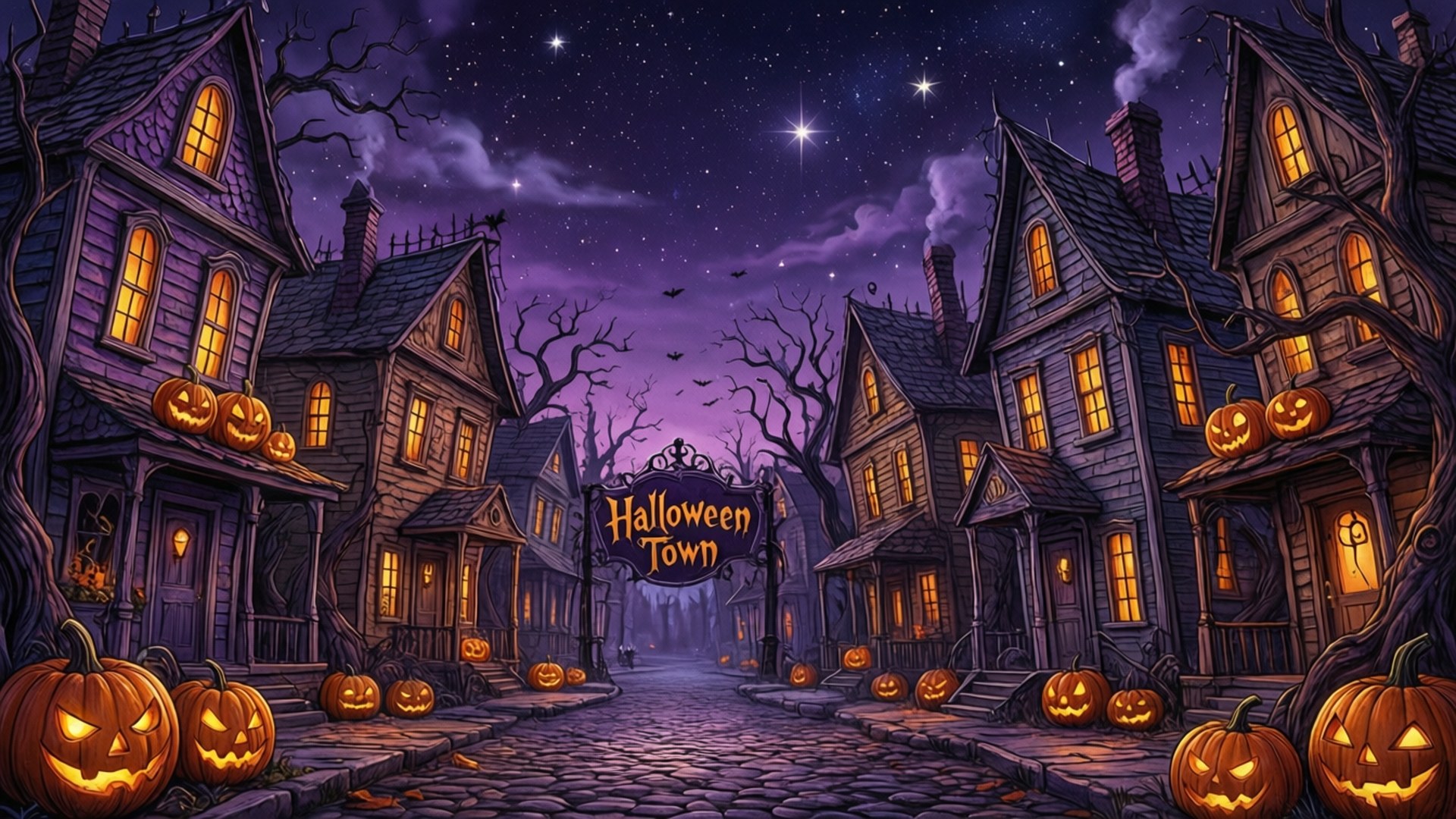 Phong Cảnh Thị Trấn Halloween Hình nền