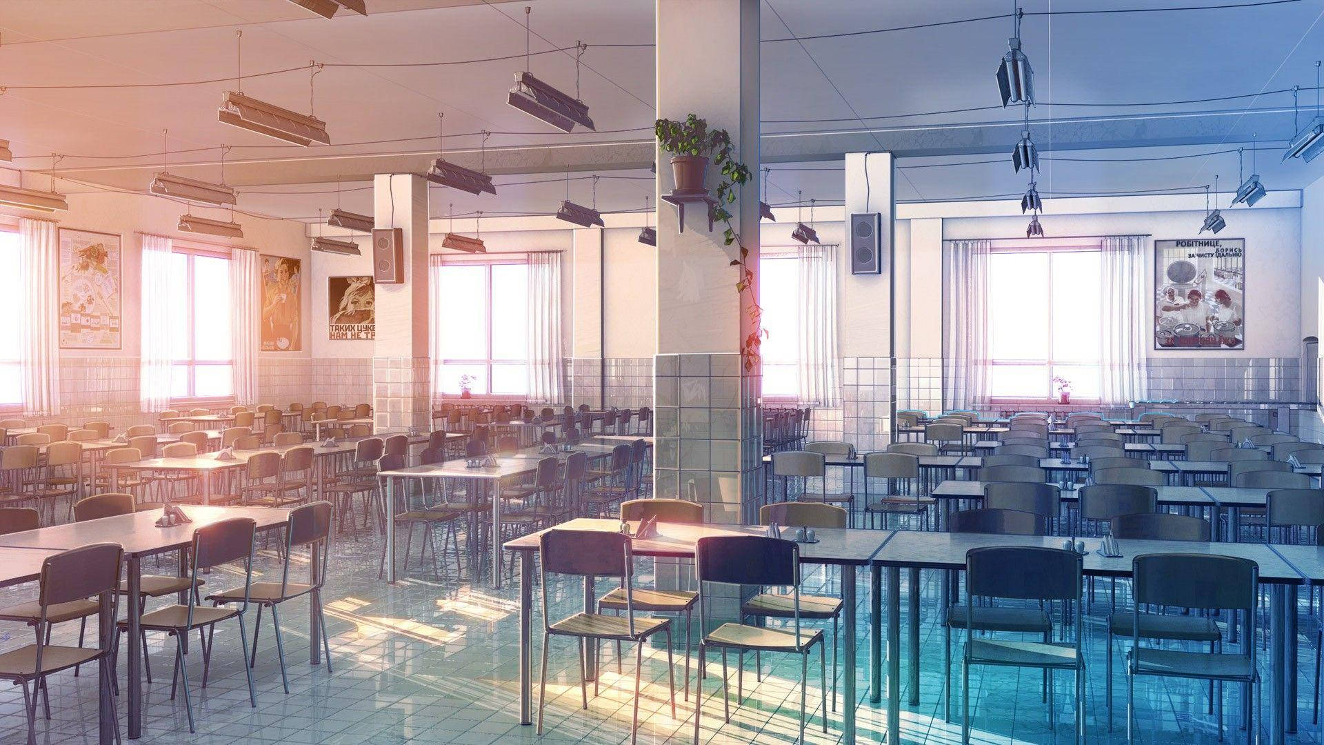 Phong cảnh trường học anime: Nhà ăn vắng lặng lúc hoàng hôn Hình nền