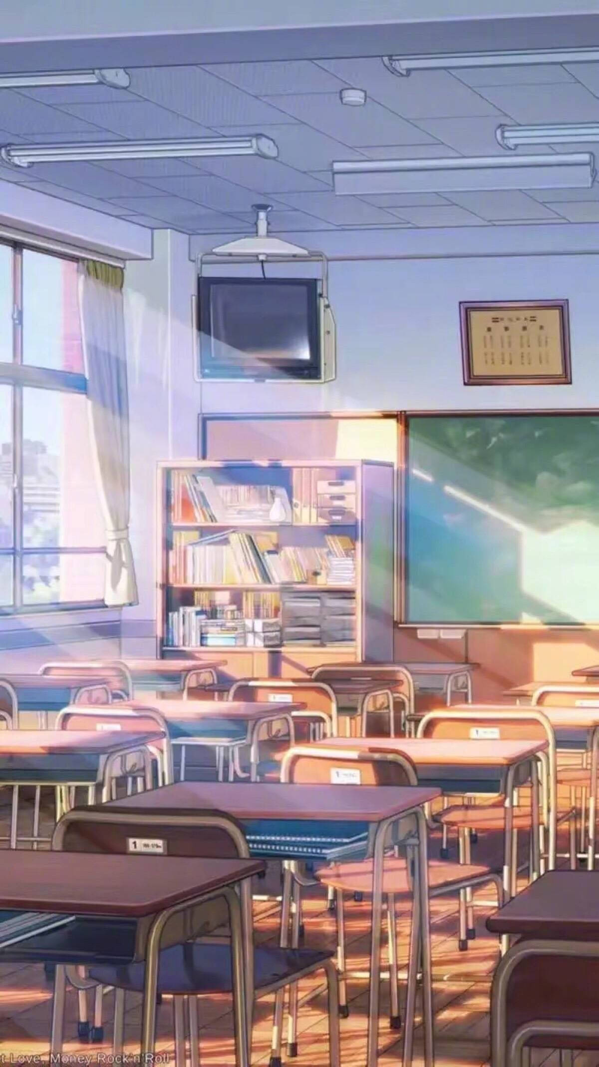 Phong cảnh trường học anime với lớp học có TV Hình nền
