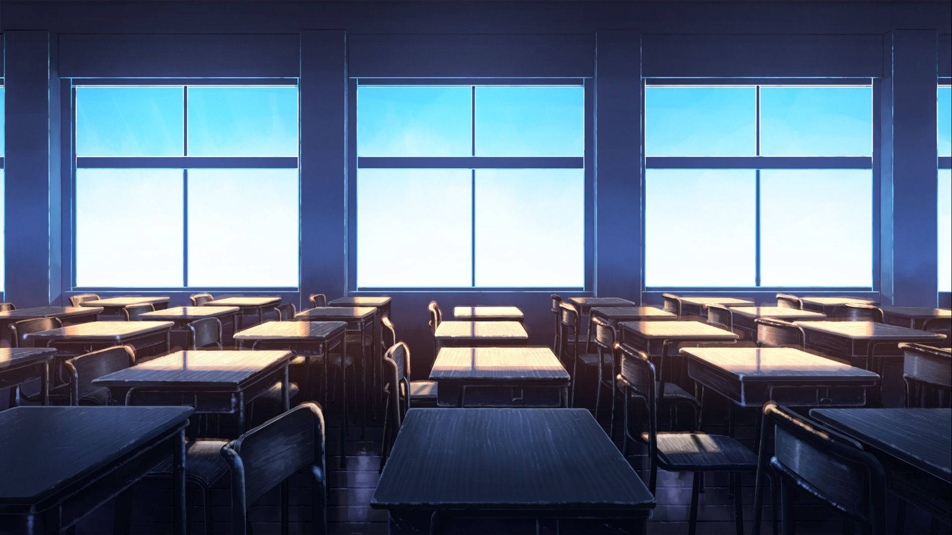 Phong cảnh trường học anime với lớp học có cửa sổ nhìn ra ngoài Hình nền