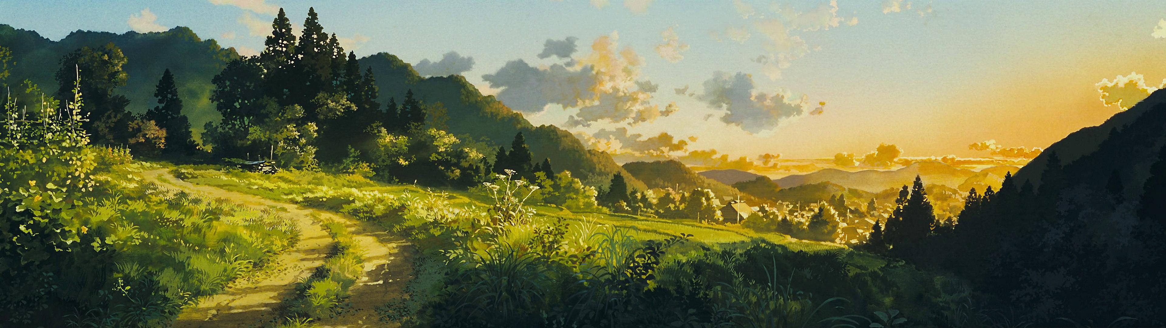 Phong cảnh xanh tự nhiên trong hình nền màn hình kép anime
