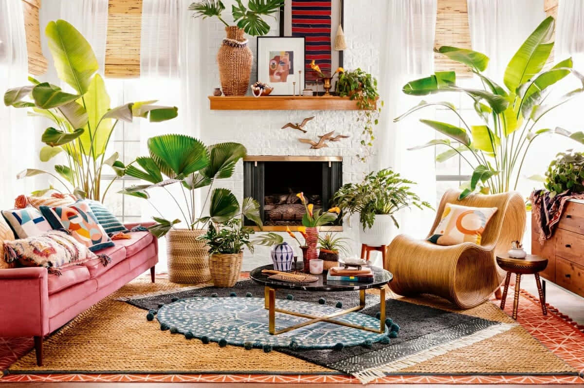 phòng khách với nhiều cây xanh và nội thất Hình nền