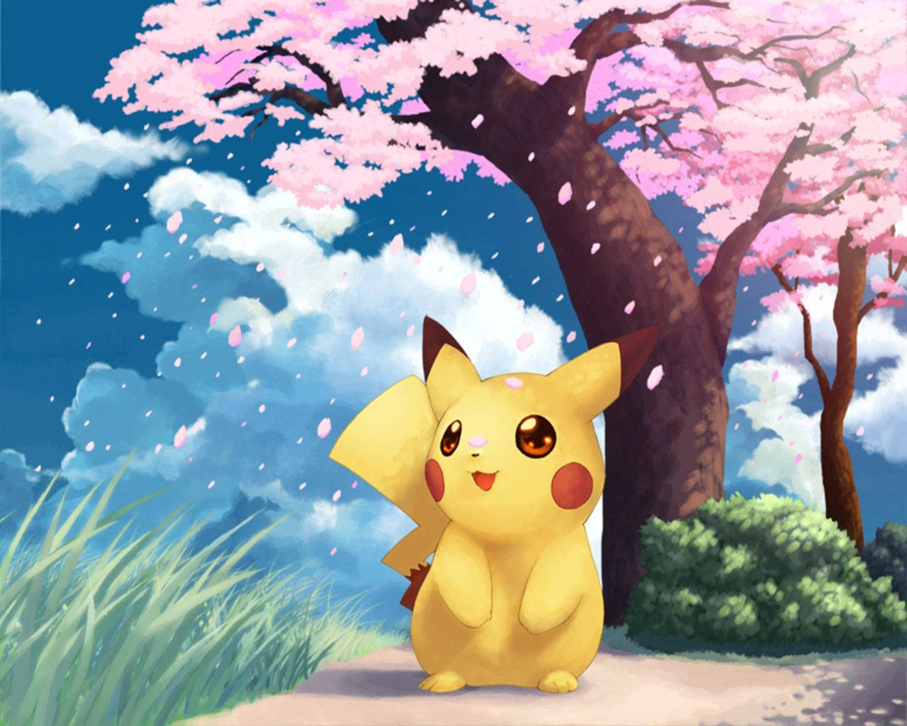 Hình nền Pikachu trong tác phẩm fan art giữa những cánh hoa anh đào rơi.
