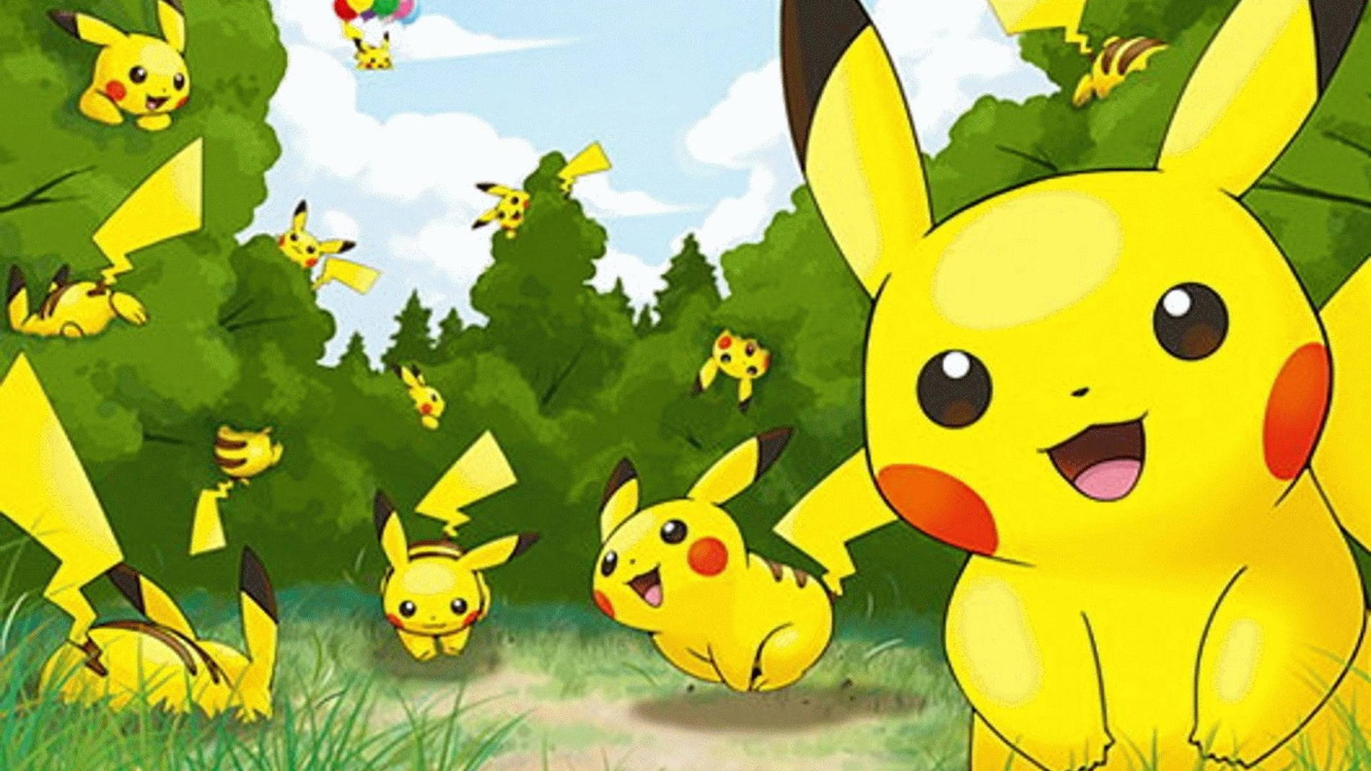 Hình nền Pikachu nhân bản đang chơi đùa quanh bụi cây.