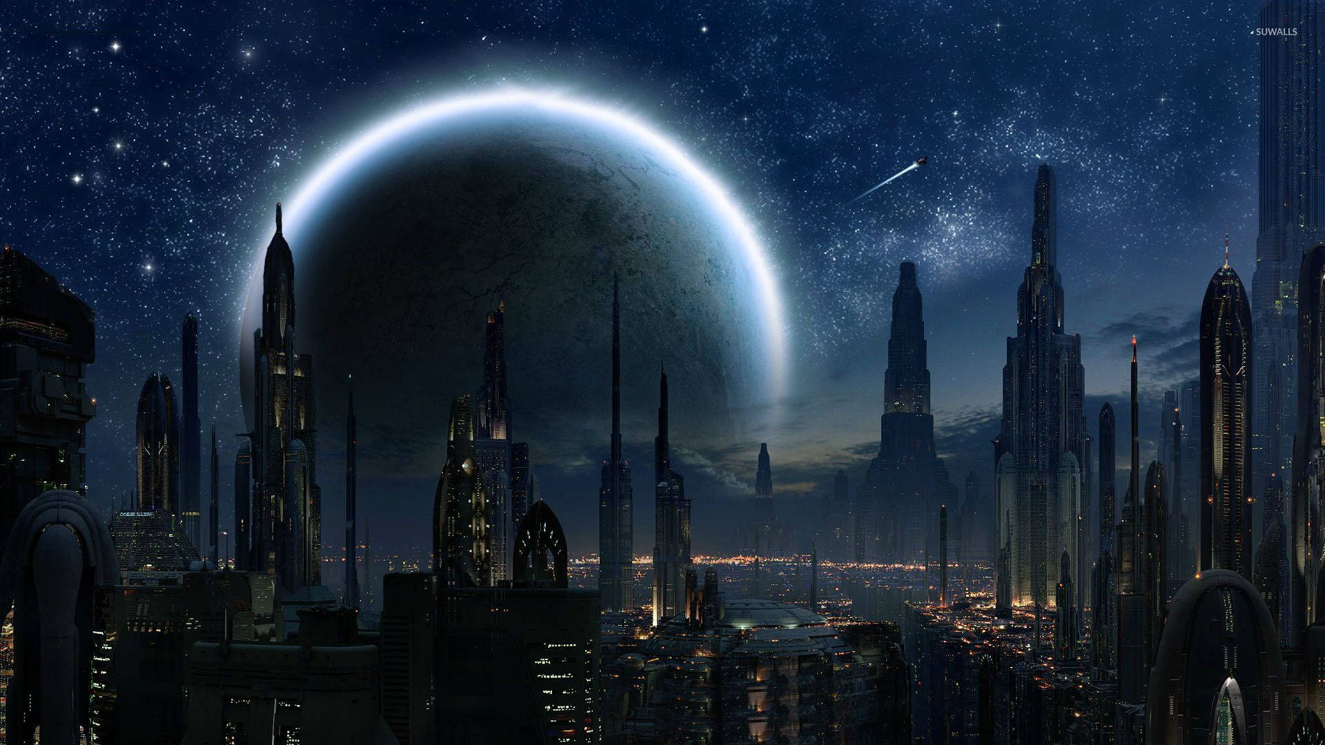 Hình nền Star Wars của các tòa nhà cao tầng và mặt trăng lớn Coruscant trong thành phố hiện đại.