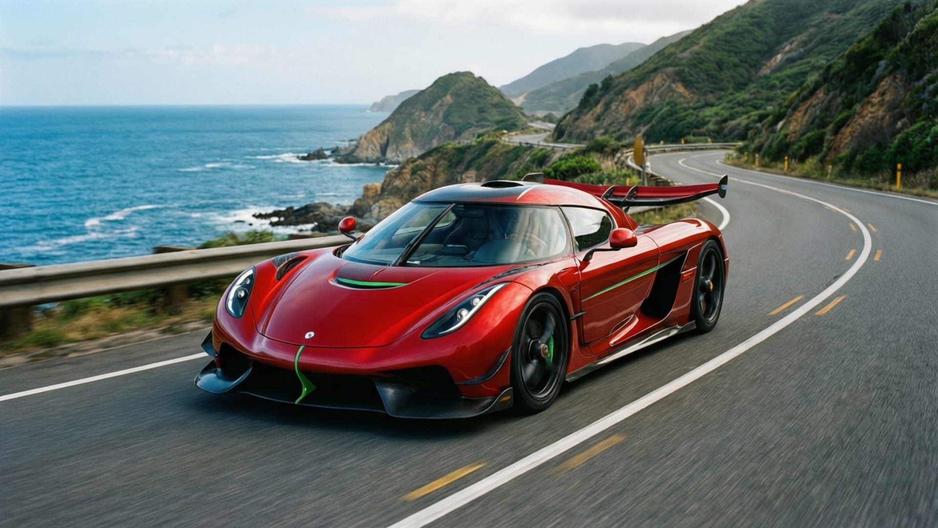 Một chiếc Koenigsegg Regera màu đỏ ôm cua ven biển với đại dương và đồi núi.