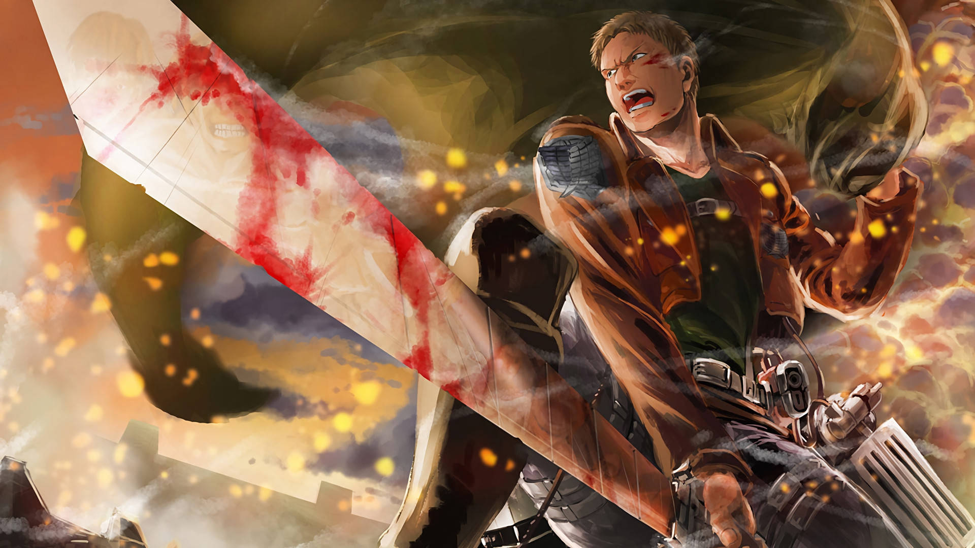 Reiner Braun mặc đồng phục Quân Đoàn Trinh Sát cầm thanh kiếm dính máu trong hình nền fan art Attack on Titan.