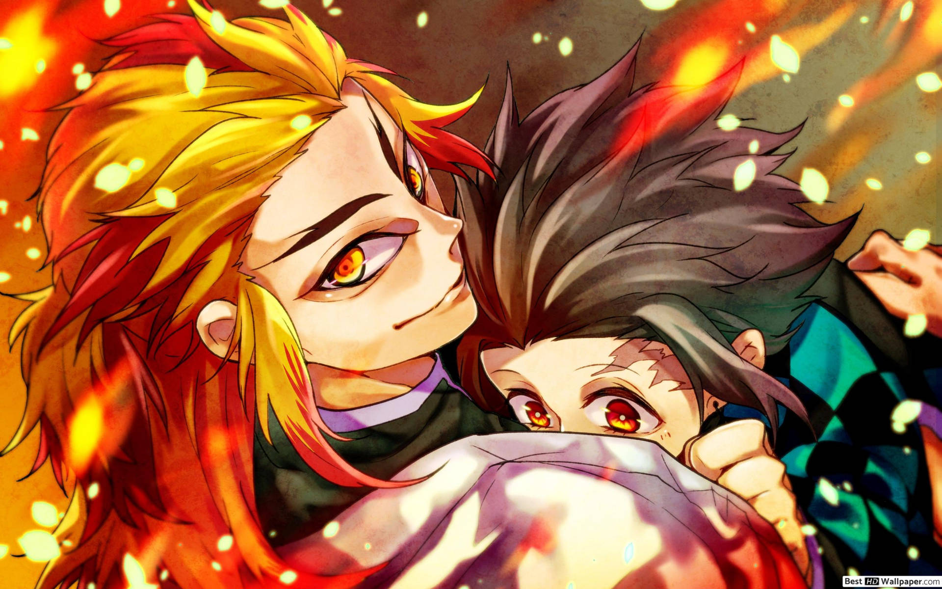 Hình nền Thanh Gươm Diệt Quỷ Trụ Cột Lửa Rengoku Kyoujiro đang ôm Kamado Tanjiro.