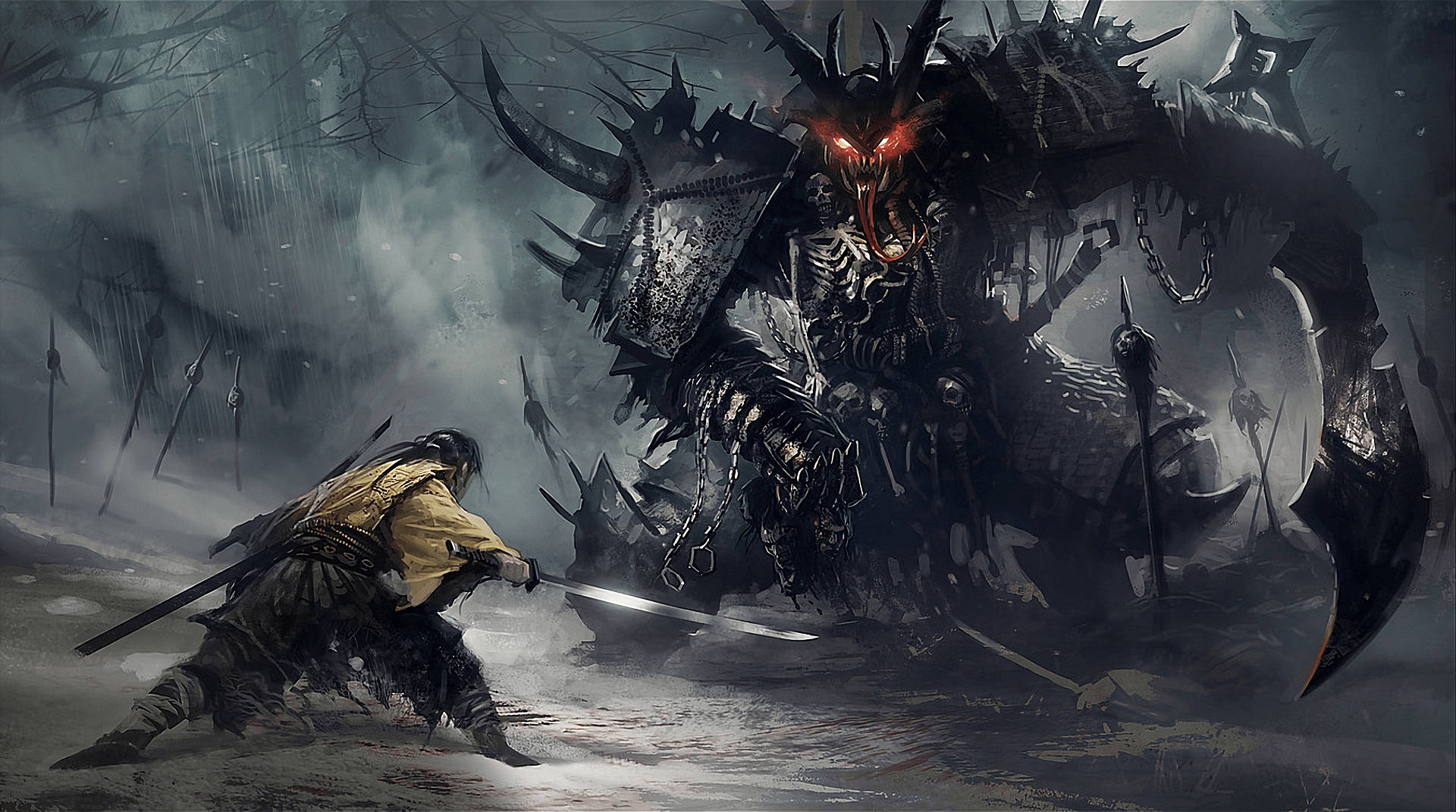 Samurai Nhật Bản chiến đấu với quái vật Hình nền