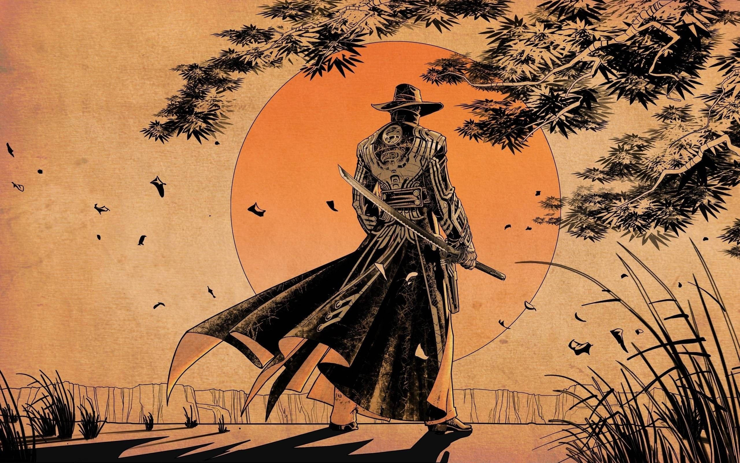 Samurai Nhật Bản đội mũ cao bồi Hình nền