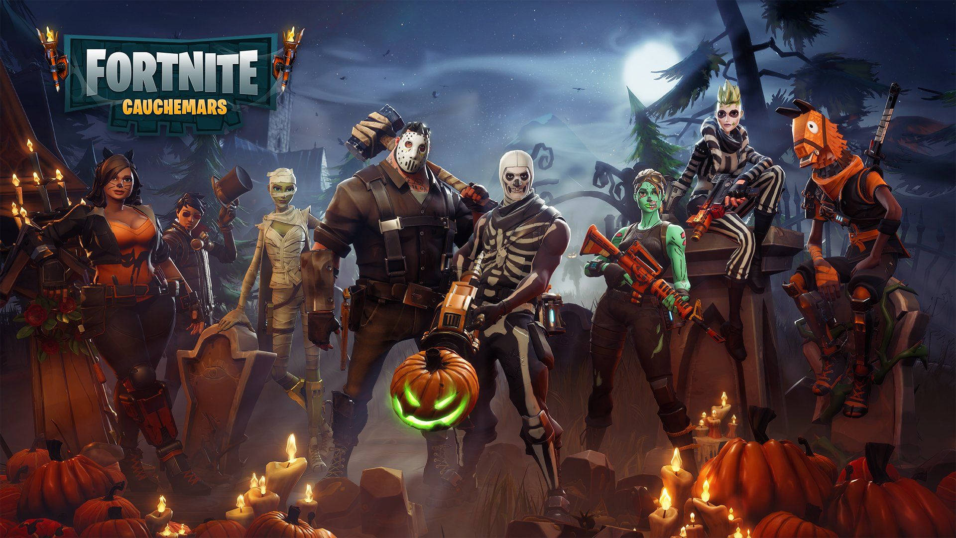 Các trang phục chủ đề Halloween mới trên hình nền Fortnite HD.