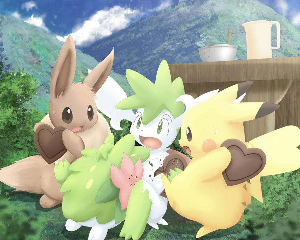 Shaymin chơi cùng Pikachu và Eevee Hình nền
