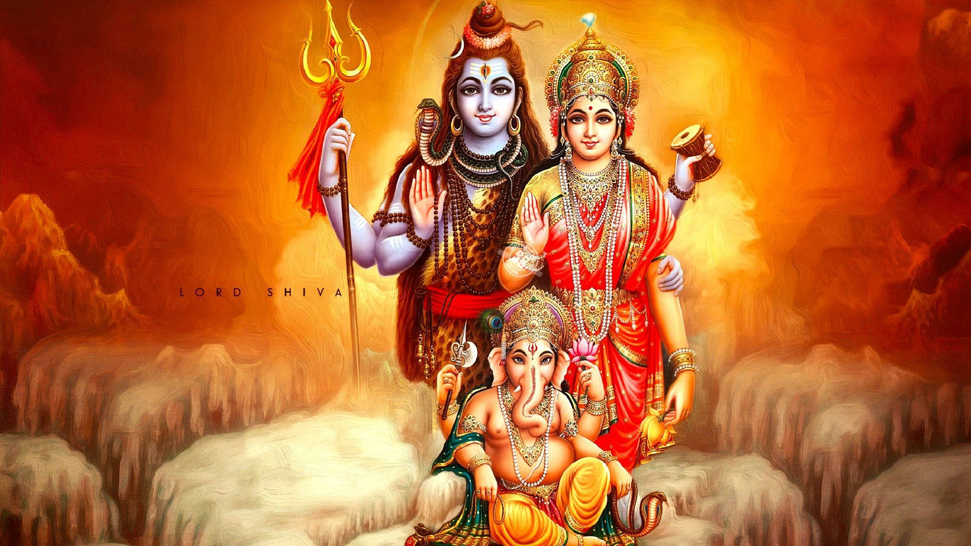 Shiva Parvati Ganesha nền đỏ và cam Hình nền