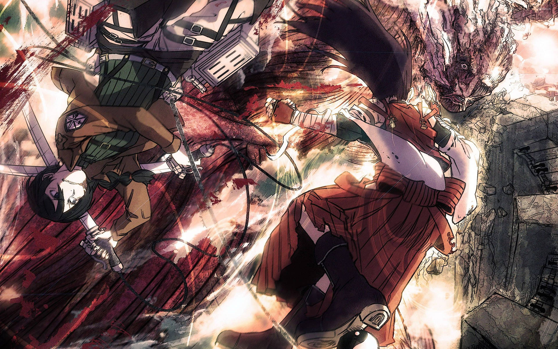 Mikasa Ackerman chiến đấu với Titan Khổng Lồ phun hơi nước trong hình nền fan art Attack On Titan.