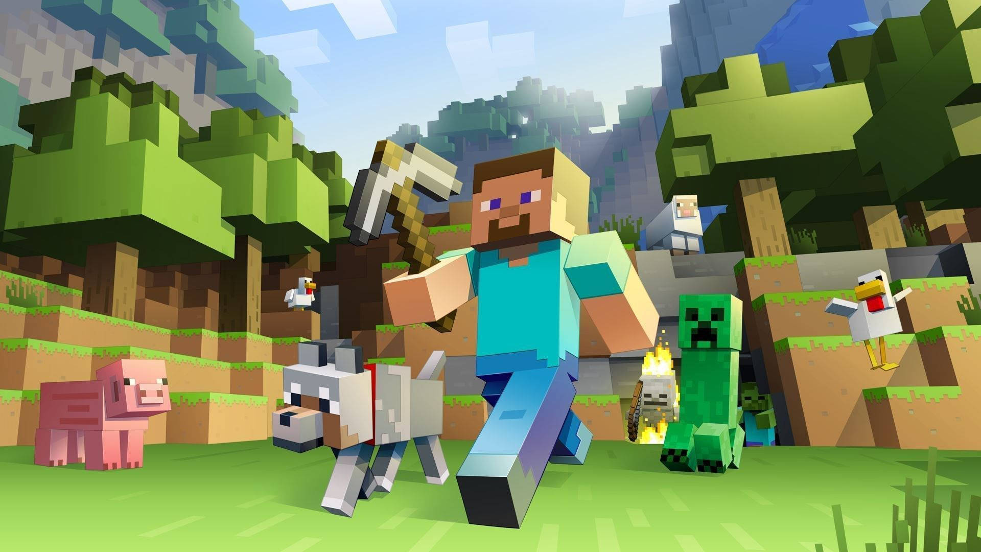 Steve và các loài động vật di chuyển trong Minecraft Hình nền