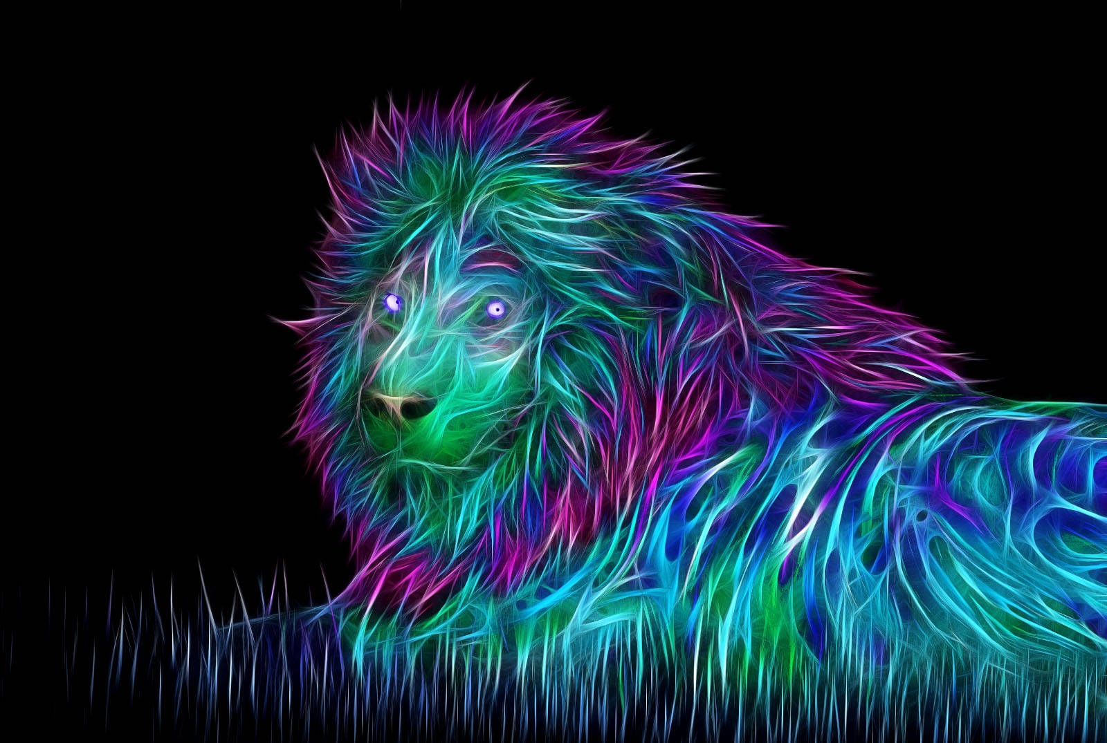 Hình nền sư tử neon 3D nằm trên cỏ