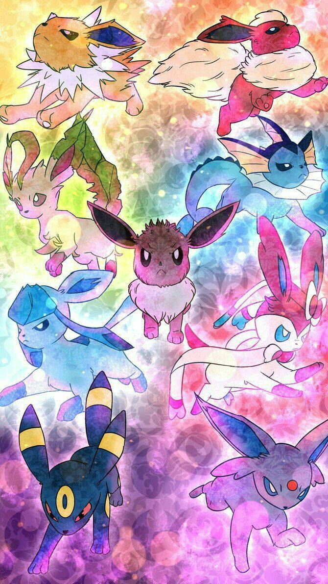 Tác phẩm nghệ thuật số đầy màu sắc về các Eeveelution dễ thương Hình nền