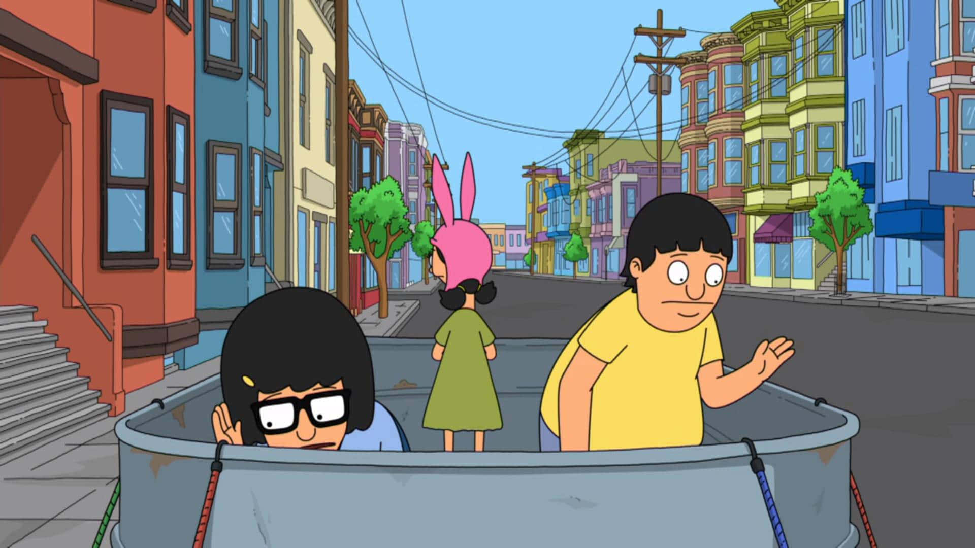 Tác phẩm nghệ thuật Bob's Burgers: Bob và gia đình đứng trong tiệm bánh mì kẹp thịt của họ Hình nền