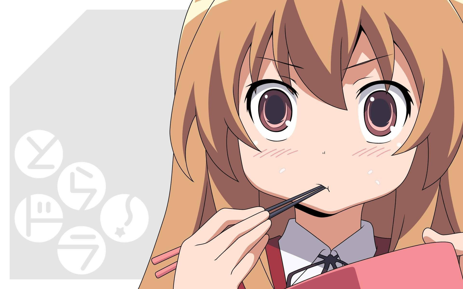 Taiga Aisaka dễ thương trong anime đang ăn bằng đũa Hình nền