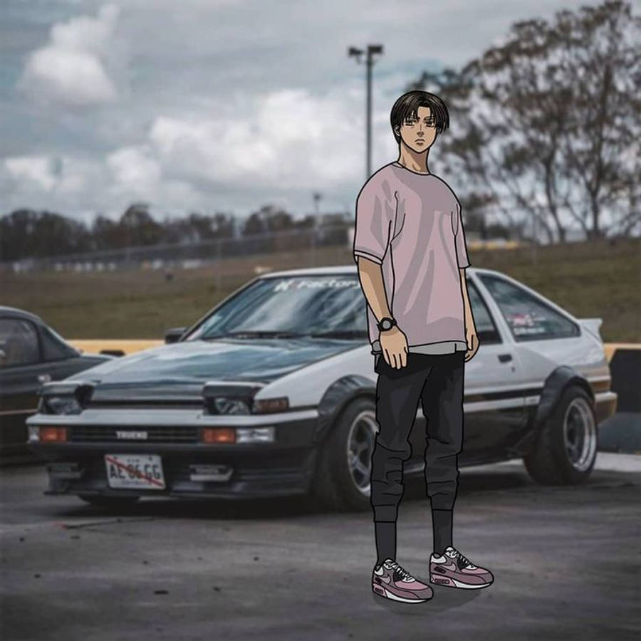 Takumi Fujiwara đứng trước xe hơi anime Hình nền