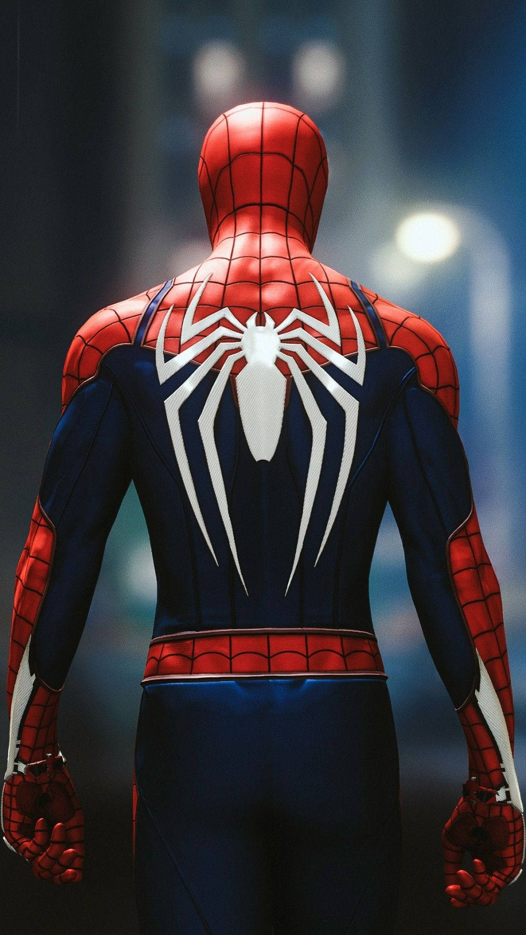 Người Nhện siêu anh hùng Marvel quay lưng lại, hiện logo nhện màu trắng.