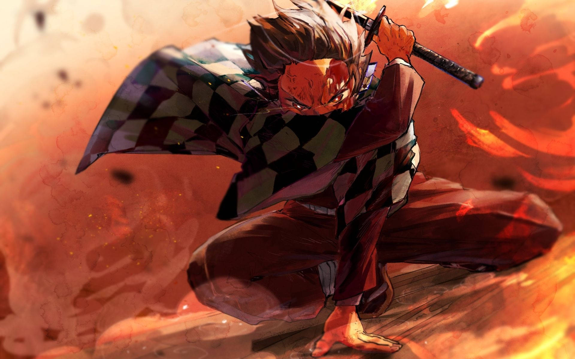 Hình nền Demon Slayer với Kamado Tanjiro bị bao quanh bởi khói và lửa.