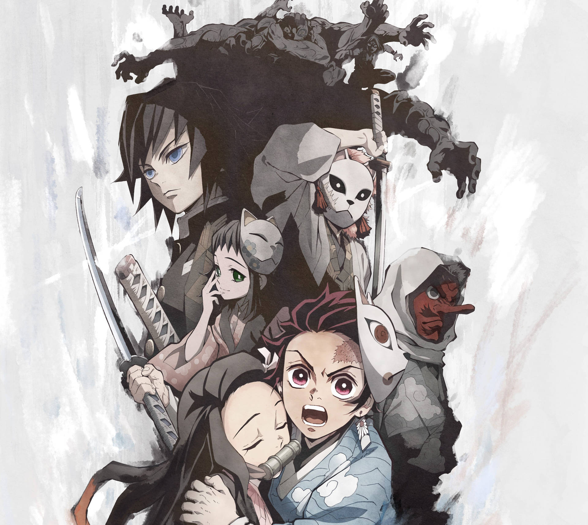 Hình nền Demon Slayer với Tanjiro và những người khác cùng con quỷ có nhiều cánh tay.