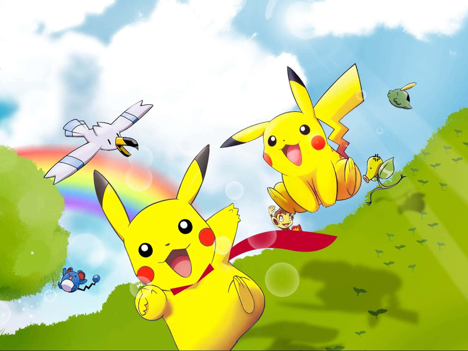 Tay ôm Pikachu trước bầu trời hồng Hình nền