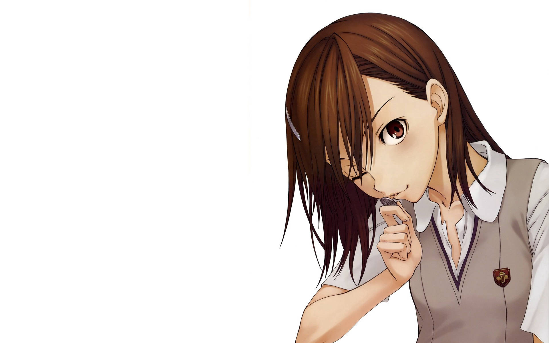Hình nền cô gái anime Mikoto Misaka cầm và hôn một đồng xu