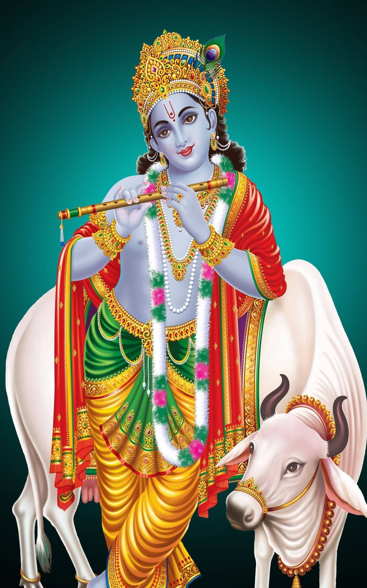Thần Krishna thiêng liêng với bò thiêng - Hình nền điện thoại Hình nền