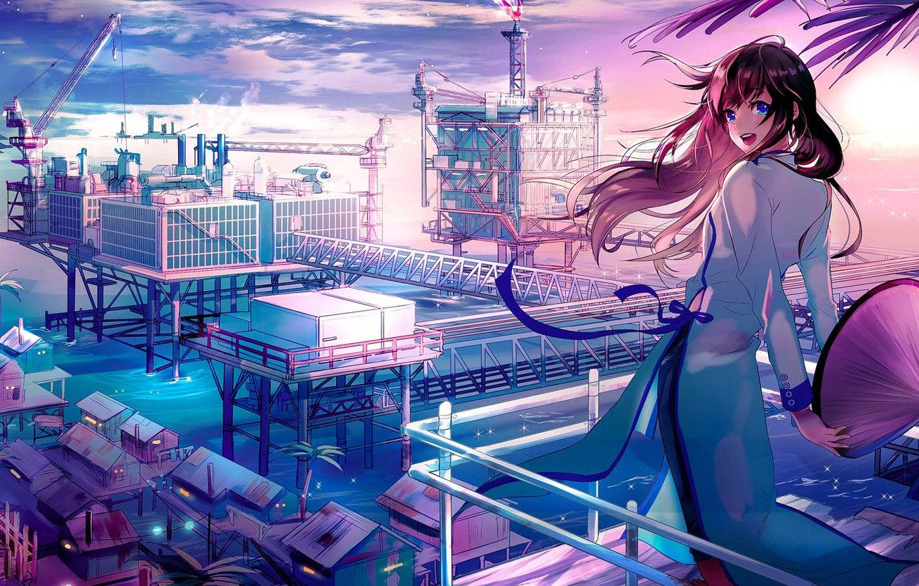 Thành phố Anime Nhật Bản với cô gái trẻ Hình nền
