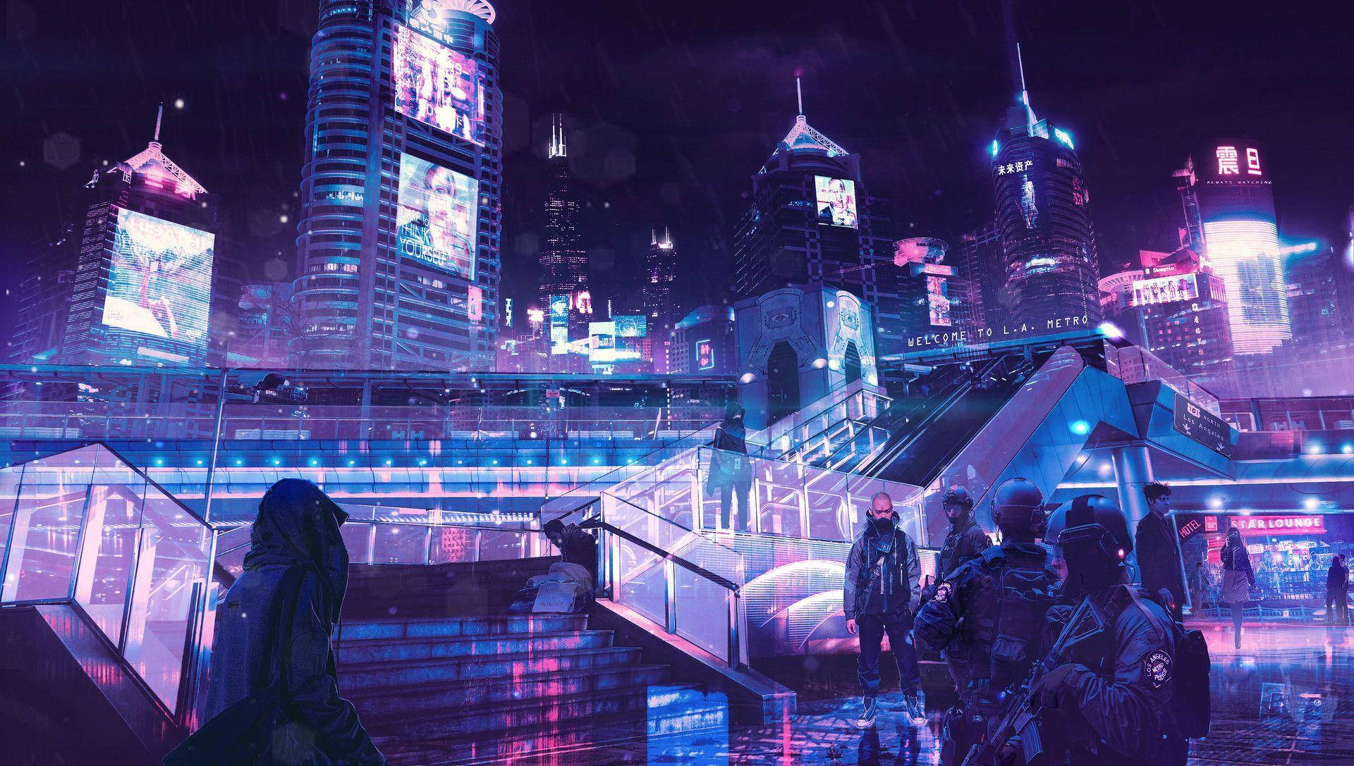 Thành phố Anime tương lai thẩm mỹ Neon Hình nền