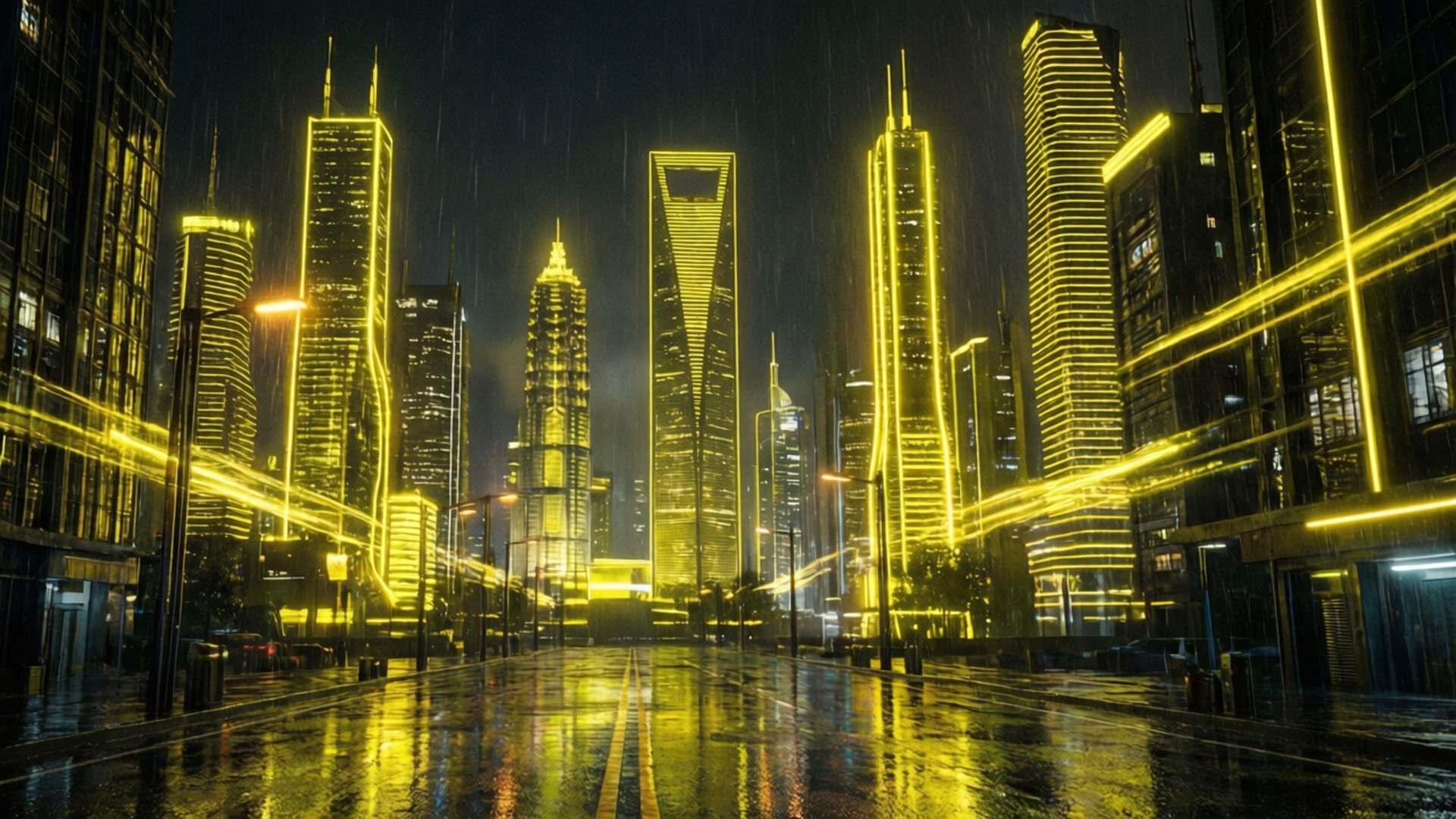 Thành phố Cyberpunk Vàng Neon Hình nền