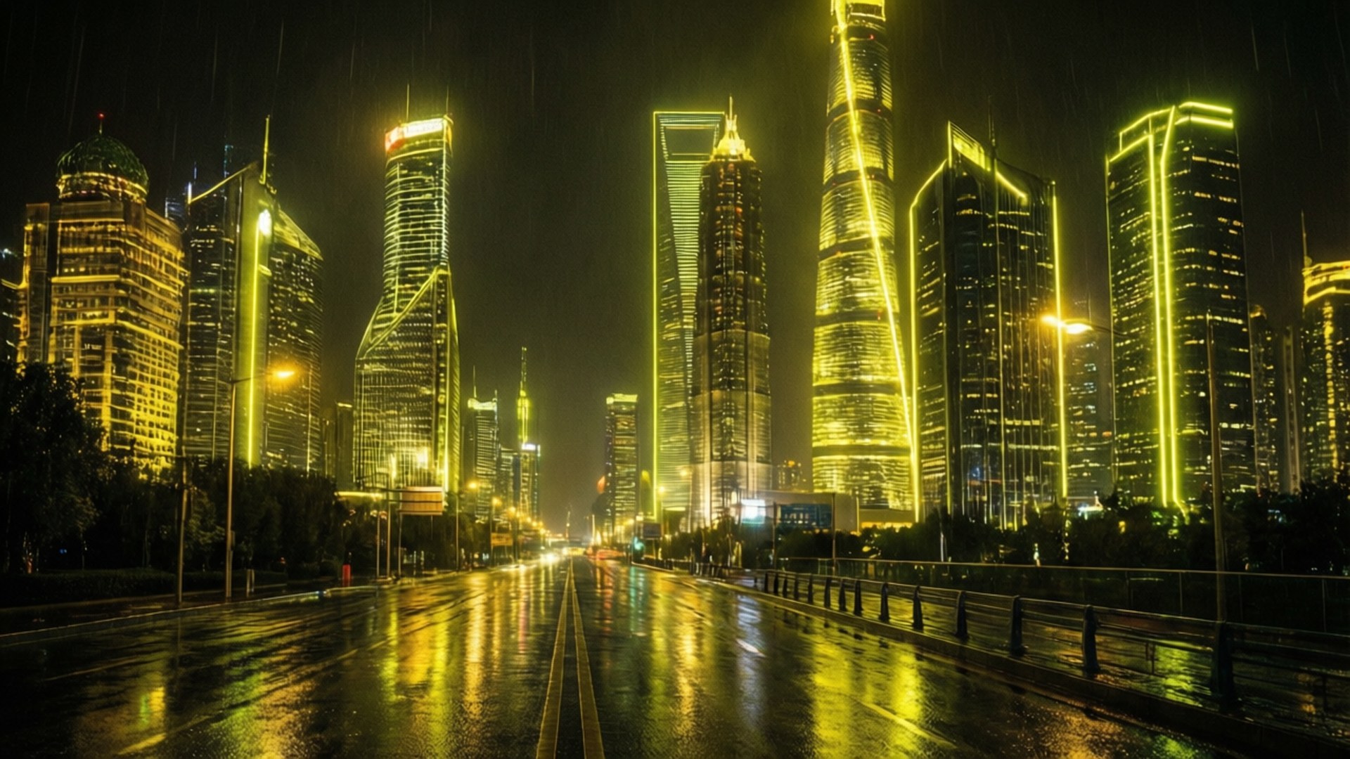 Thành phố Cyberpunk Vàng Neon Hình nền