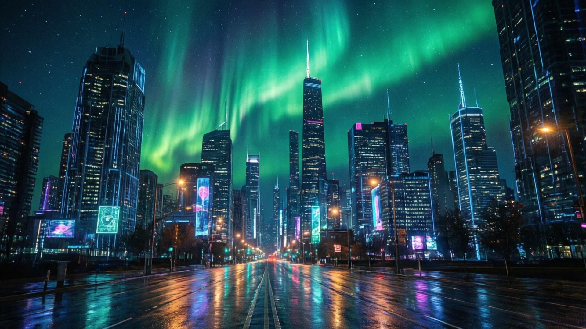 Thành phố Neon Cực quang Xanh lục Hình nền